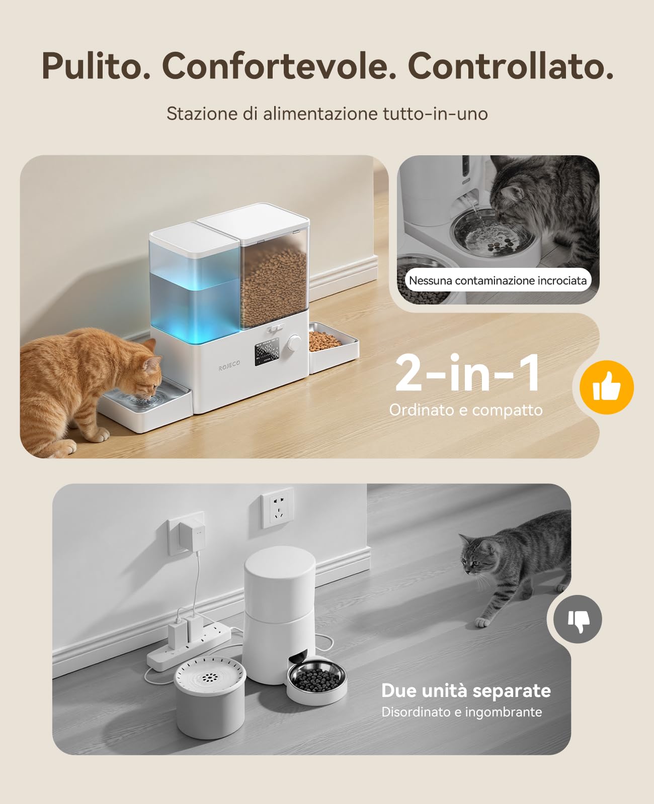 Rojeco Mangiatoia automatica 2 in 1 e distributore d'acqua, 5 l, per gatti + serbatoio dell'acqua da 3,5 l, distributore programmabile per gatti con display a LED, senza BPA, per animali domestici