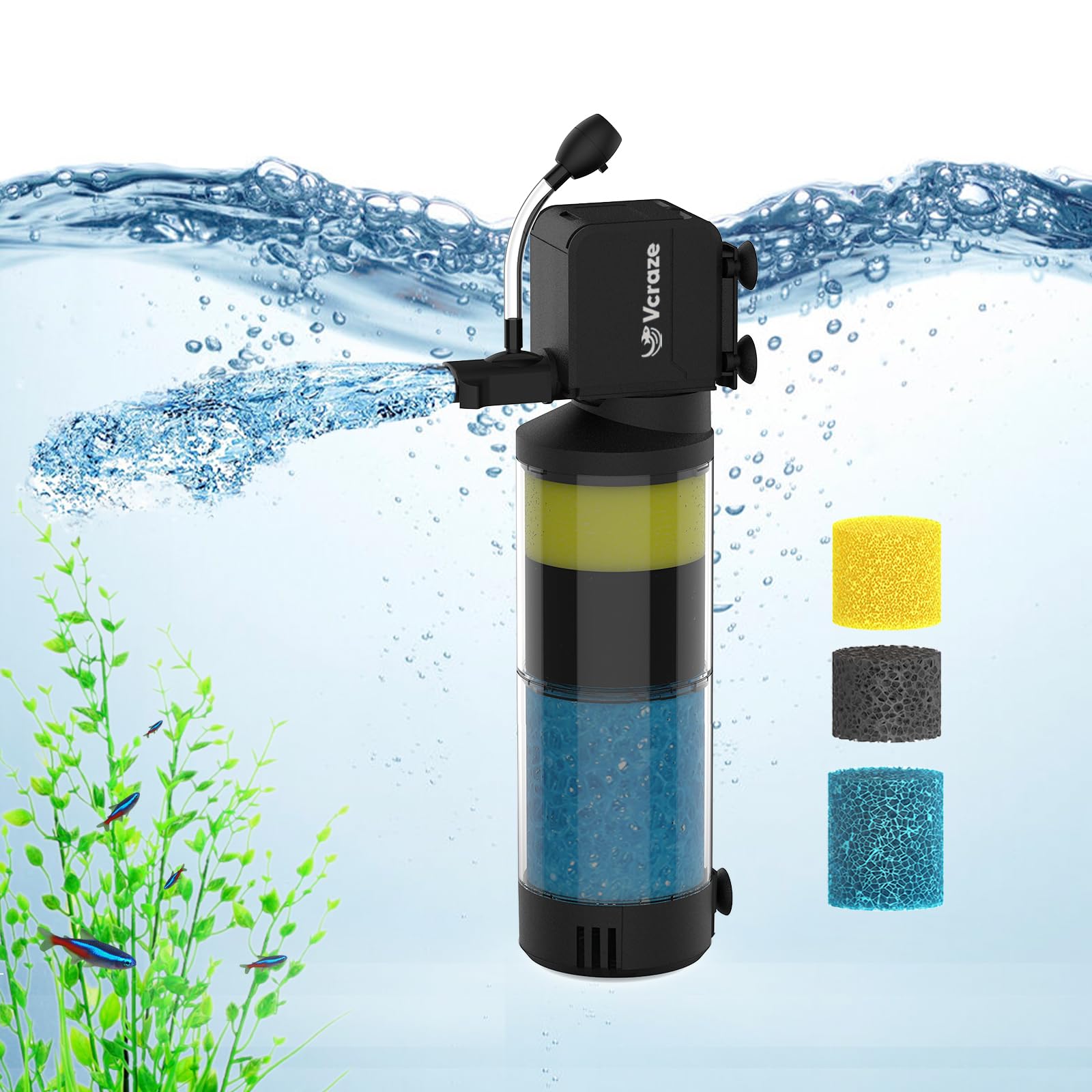 VCRAZE 3-Stage Submersible Aquarium Filter for 10-40 Gallon Fish Tanks, Fish Tank Filter with Aeration/Rainfall Modes, Fish Filter Tank Filter Turtle