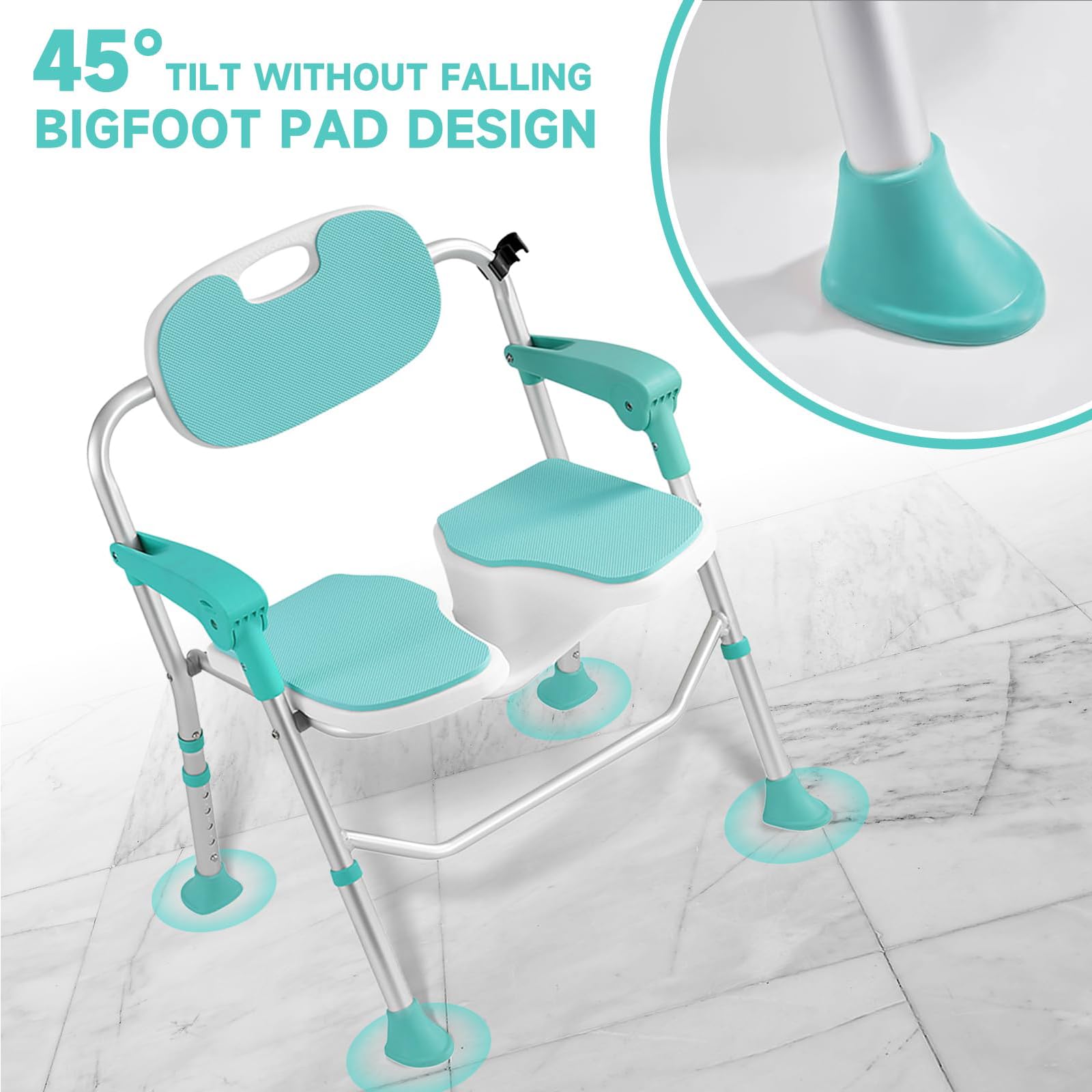 Silla de ducha plegable con apoyabrazos, respaldo y almohadillas antideslizantes, altura ajustable, soporta hasta 180 kg, taburete de ducha para personas mayores