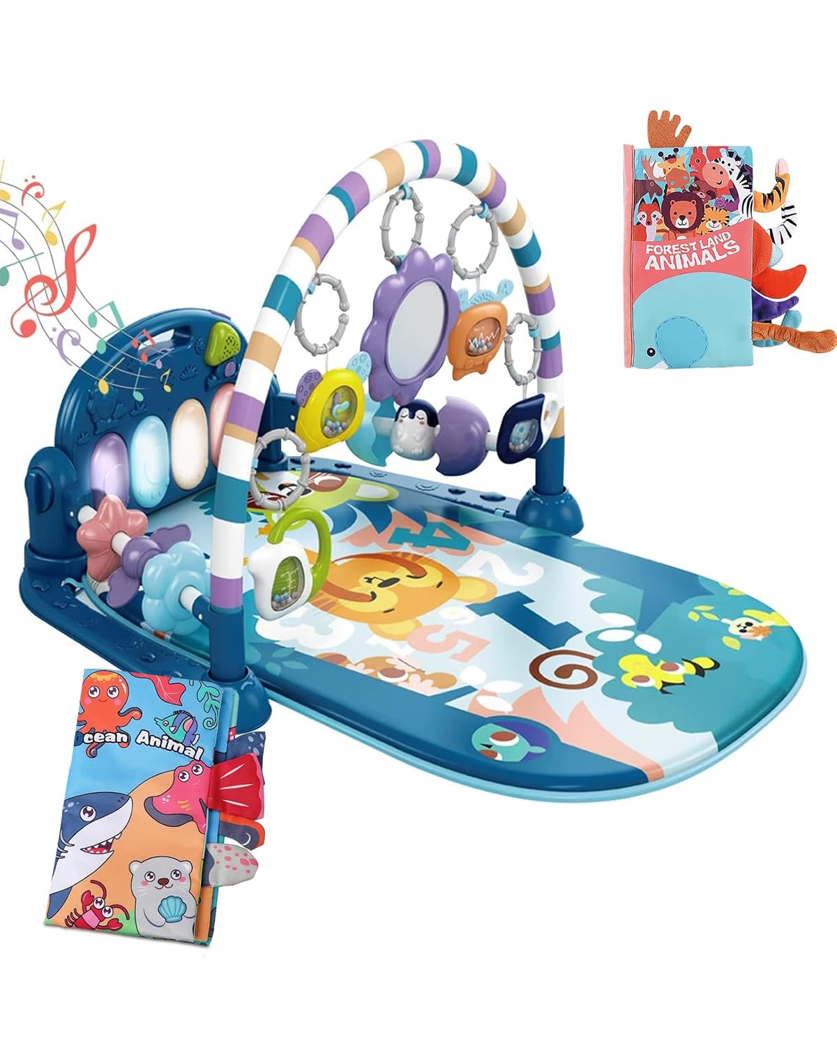 dearlomum Baby Play Mat Gym,Funny Play Piano Tummy Time Activity Mat with 5 Infant Sensory Toys & 2 Baby Book Toys, Boy & Girl Gifts for Newborn 0 to