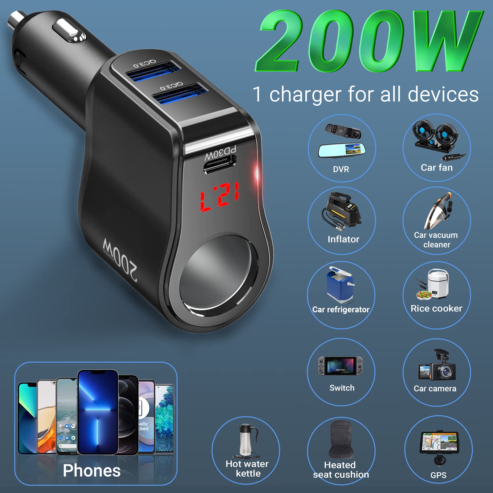 PD 30W kfz Ladegerät Verteiler: 200W 12V USB C Zigarettenanzünder Adapter Splitter 12 Volt DC Stecker Mehrfach Auto Steckdose mit Voltmeter Dual Typ C Anschluss für lPhone Samsung Handy GPS Dashcam