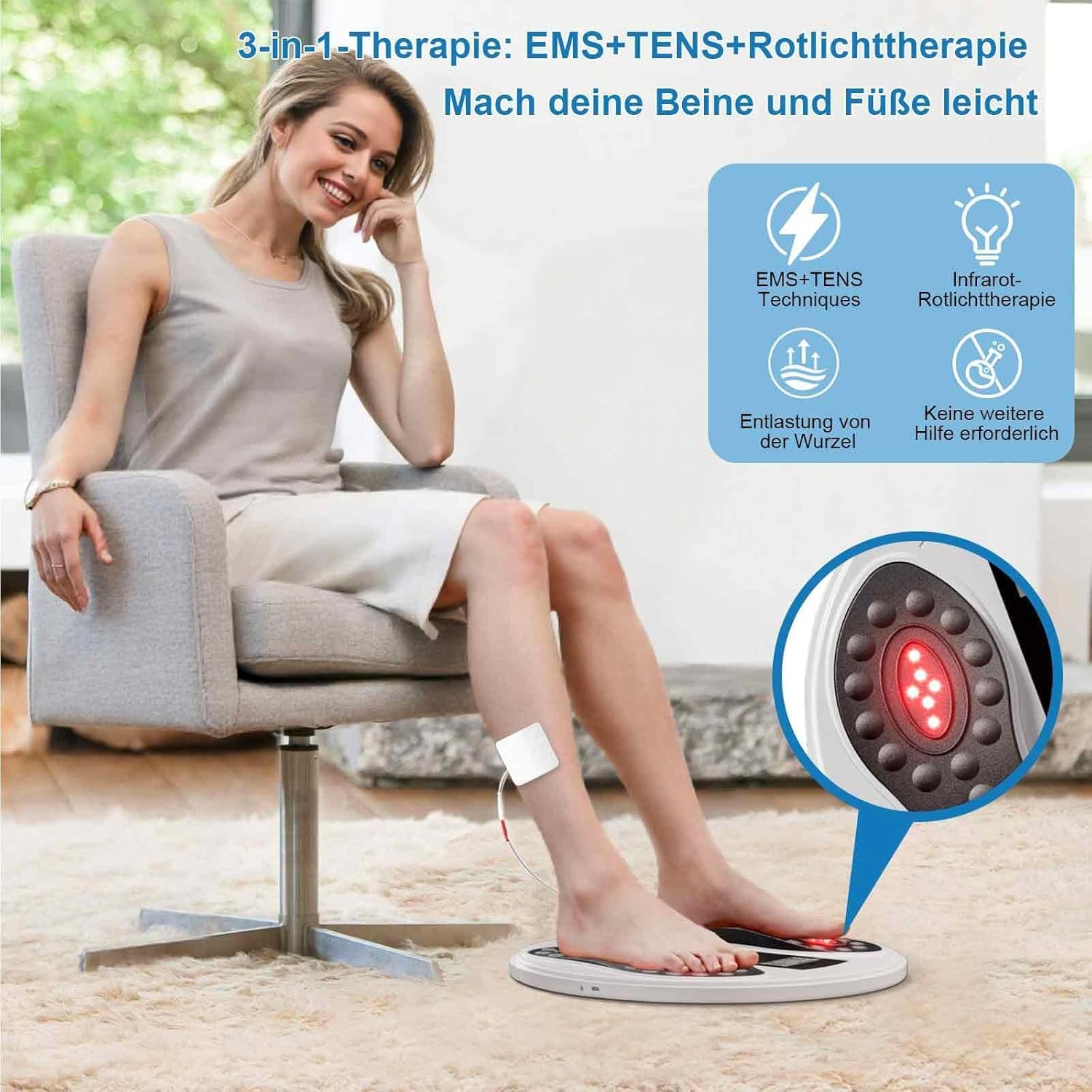 EMS & TENS Fußmassagegerät mit 660nm + 850nm Rotlichttherapie, Durchblutungs-Stimulator für Beine und Füße, Elektrische Fußmassage mit 4 Pads, 10 Modi & 20 Intensitätsstufen
