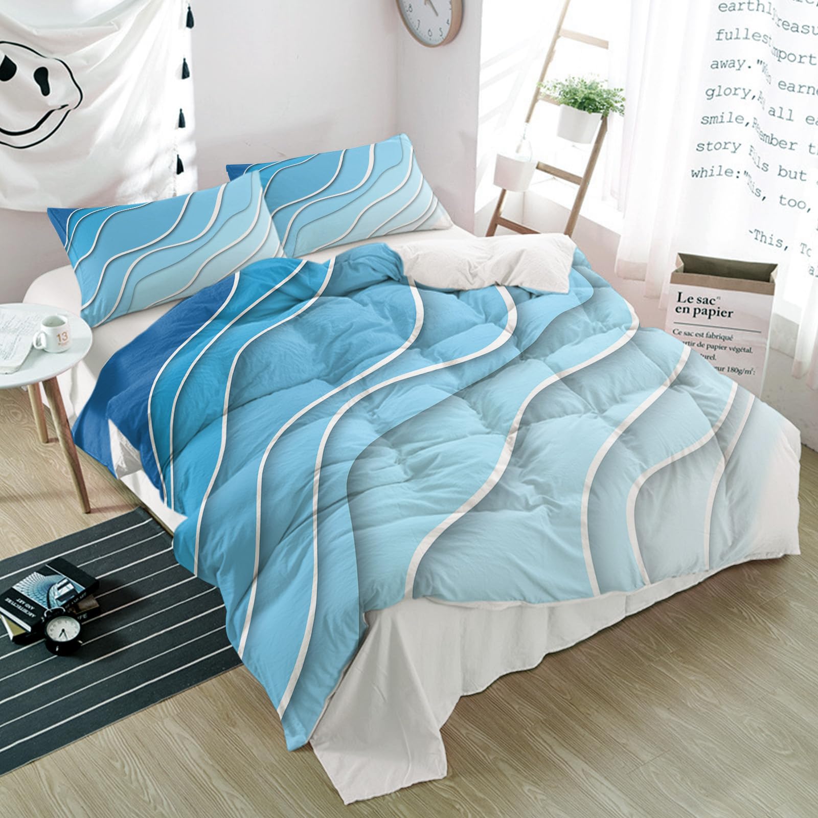 3 Piece Bedding Set Blue Gradient Abstract Wave Stripes Breathable Duvet Cover Super Soft Pillow Shams Ocean Theme