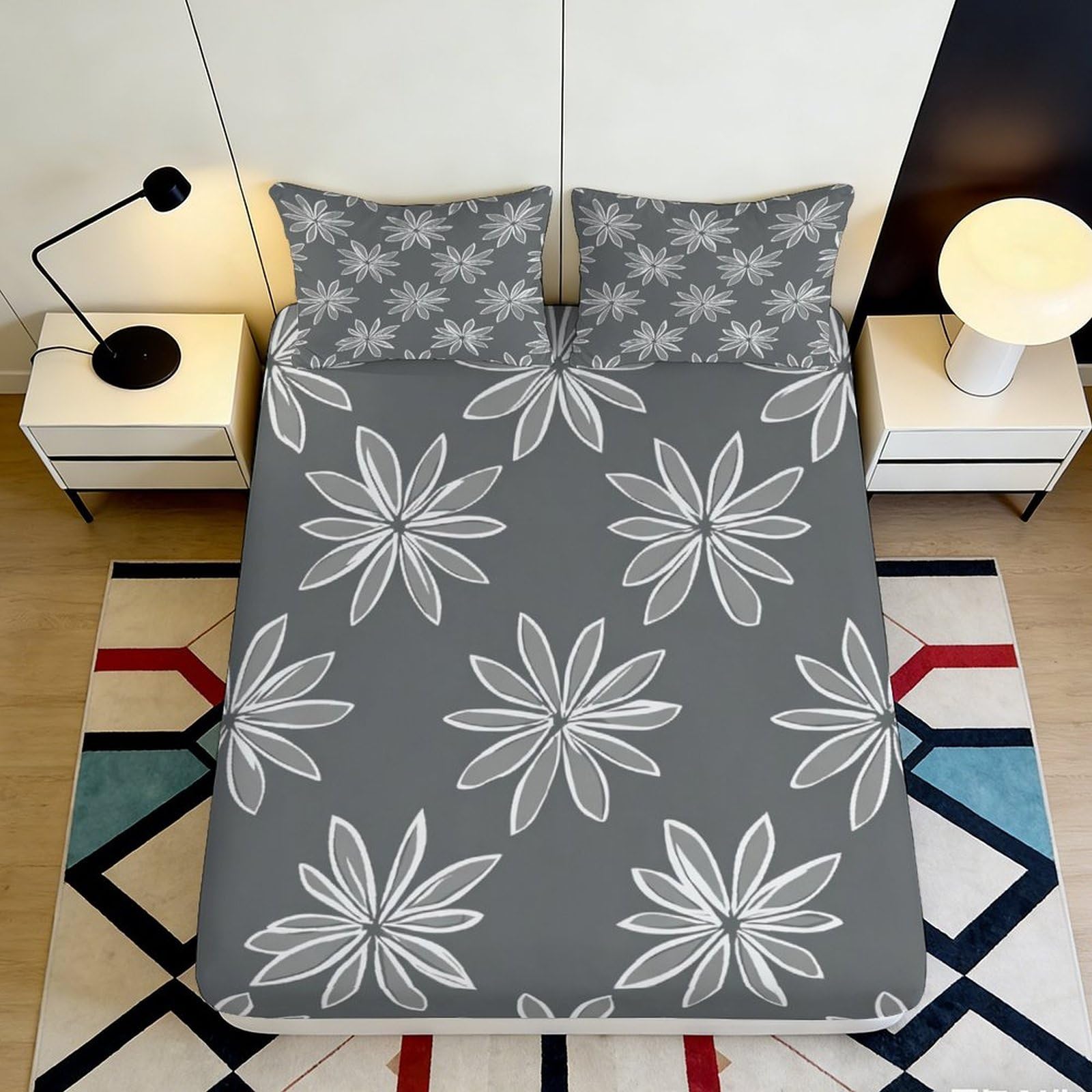 3D Printed Grey Floral Fitted Sheet Microfiber Soft Breathable White Daisy Mattress Cover for Bedroom Guestroom Home Decor 200x200x25cm
