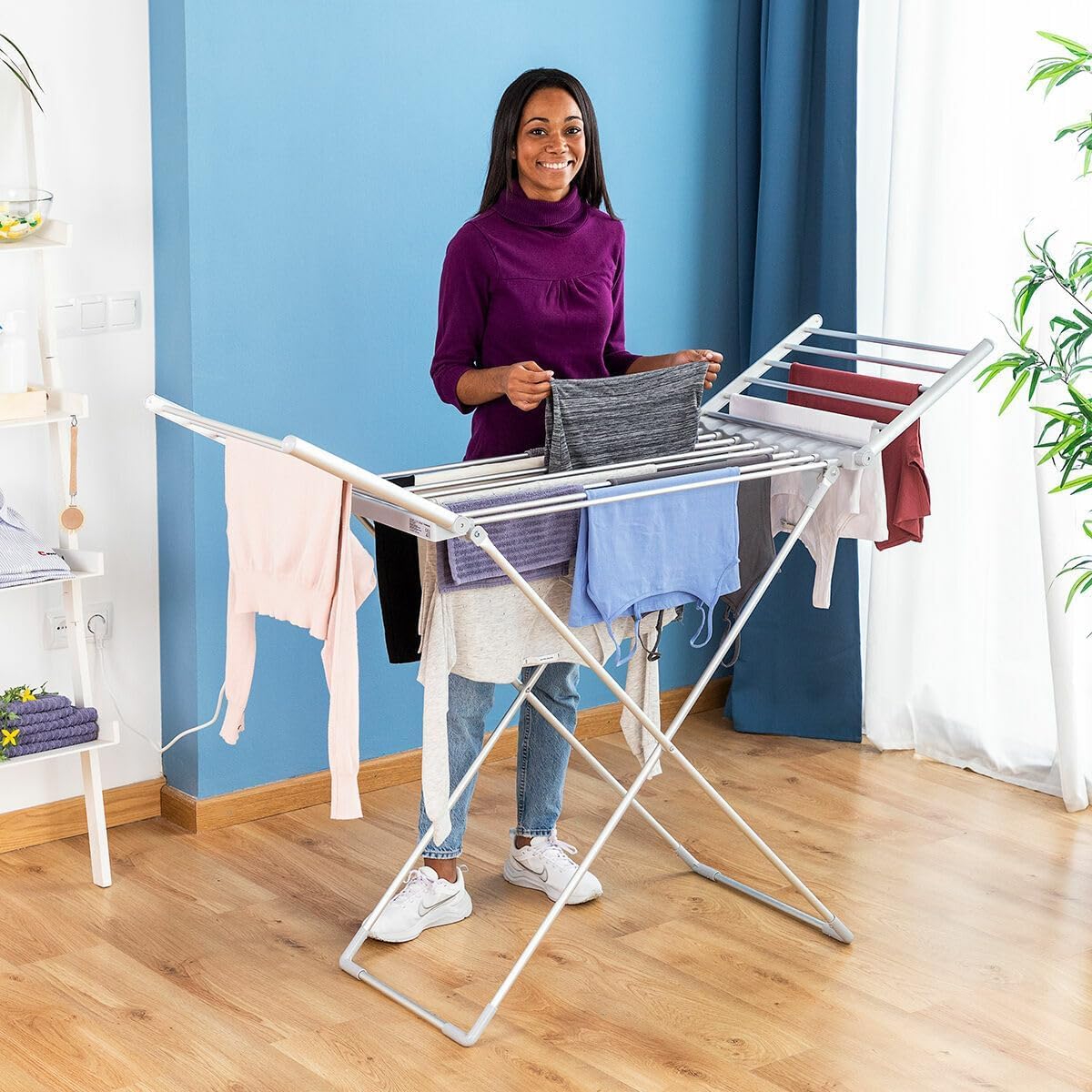 CELLUSTOP - Tendedero de ropa eléctrica plegable – Secador de ropa interior plegable eléctrico – 120 vatios – 8 barras calefactoras de 120 W para secado rápido – Aluminio