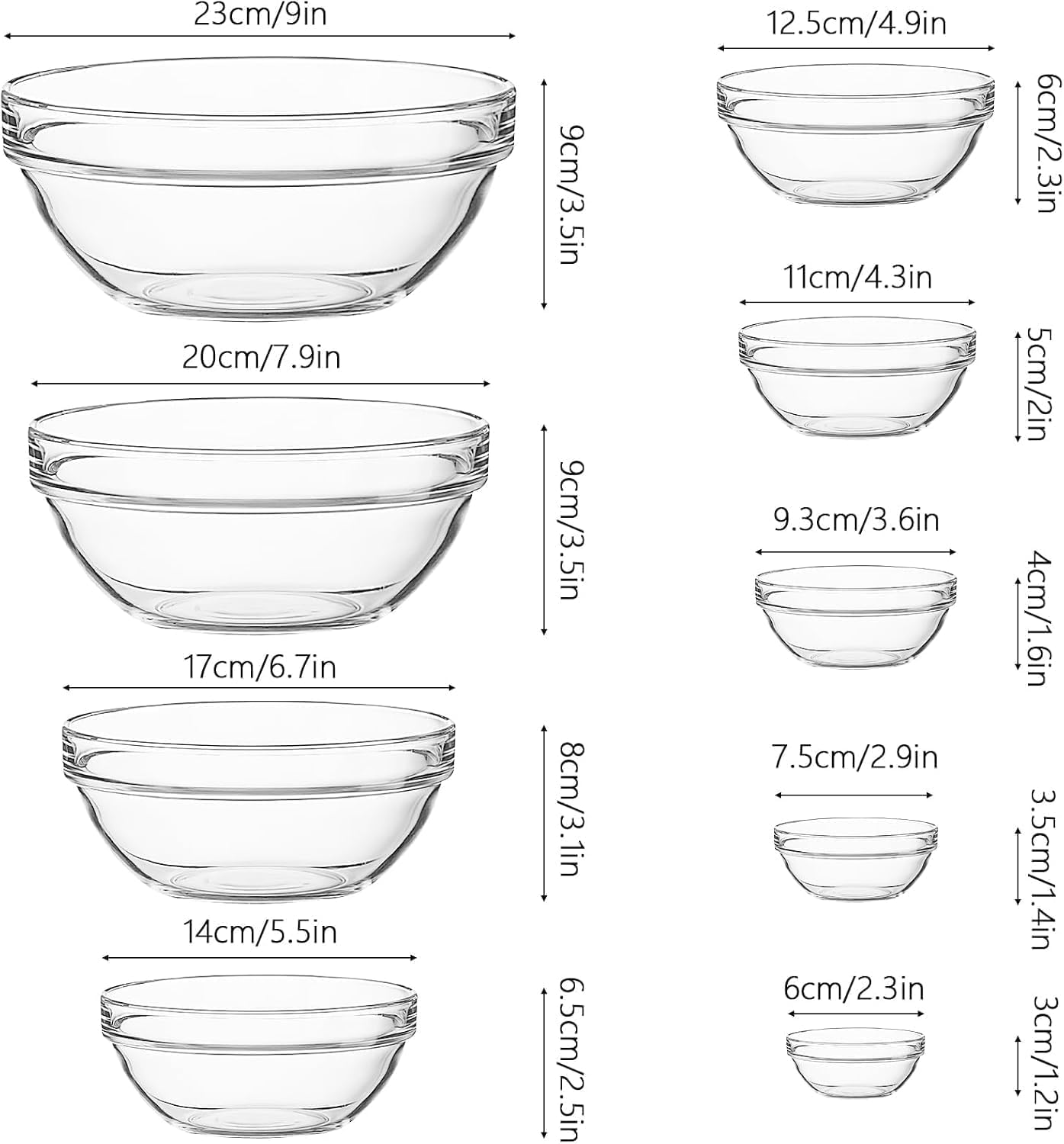 Set di 9 ciotole in vetro trasparente per insalata, gelato, pasta, cereali, frutta