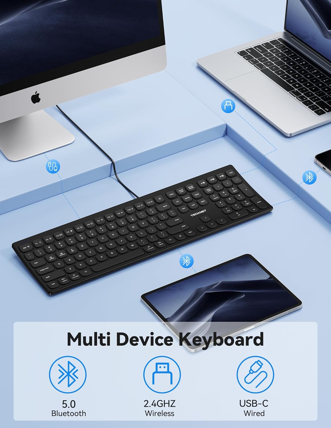 TECKNET Bluetooth Wireless Keyboard, Multi Device Free Switching (BT5.0+2.4G+Wired), Quiet Typing, Ultra-Slim Full Size with Numpad for Mac/Windows/Android, 12 Multimedia Keys