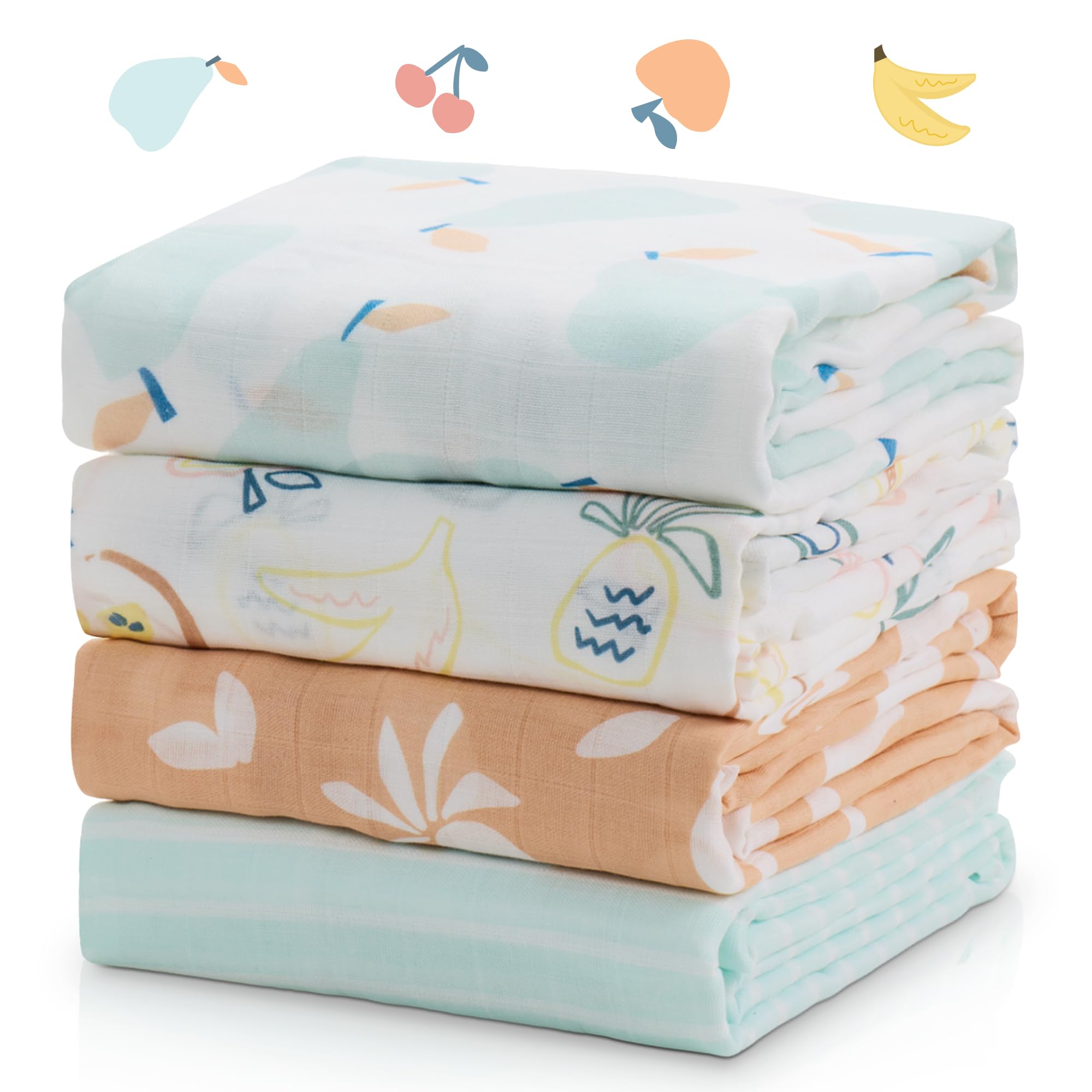 Momcozy Muslin Swaddle Blankets, 4-Pack, Large 47"x47" Fruits Party | Breathable & Skin-Friendly 2-Layer Gauze Receiving Blankets, Swaddle Blanket for Baby Shower Gifts & Baby Registry Essentials
