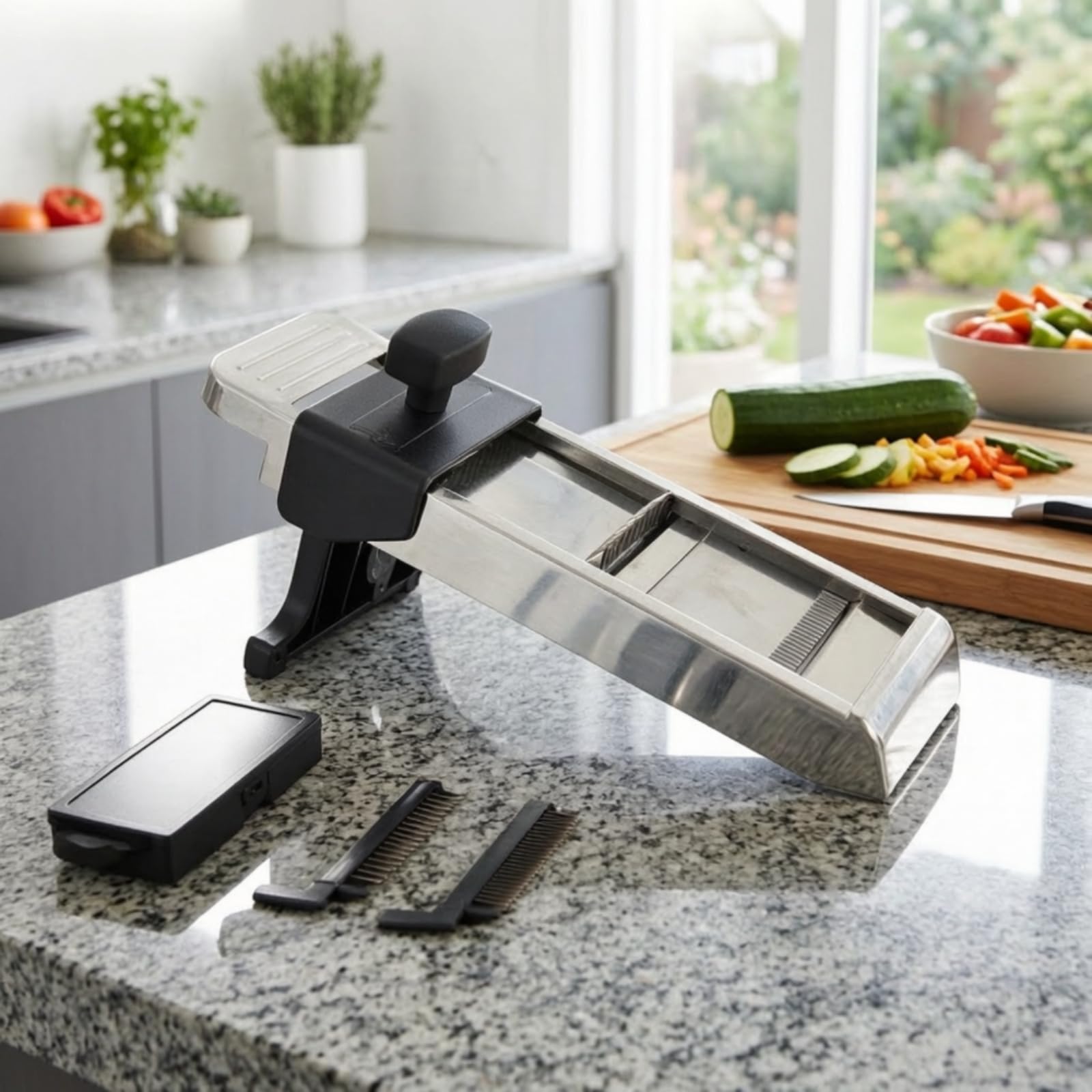 Amagogo Mandolina de Cocina Rebanador Rallador Grosor de 1 Mm a 10 Mm Cuerpo de Acero Inoxidable y Patas Plegables Apta para Patatas y Pepinos
