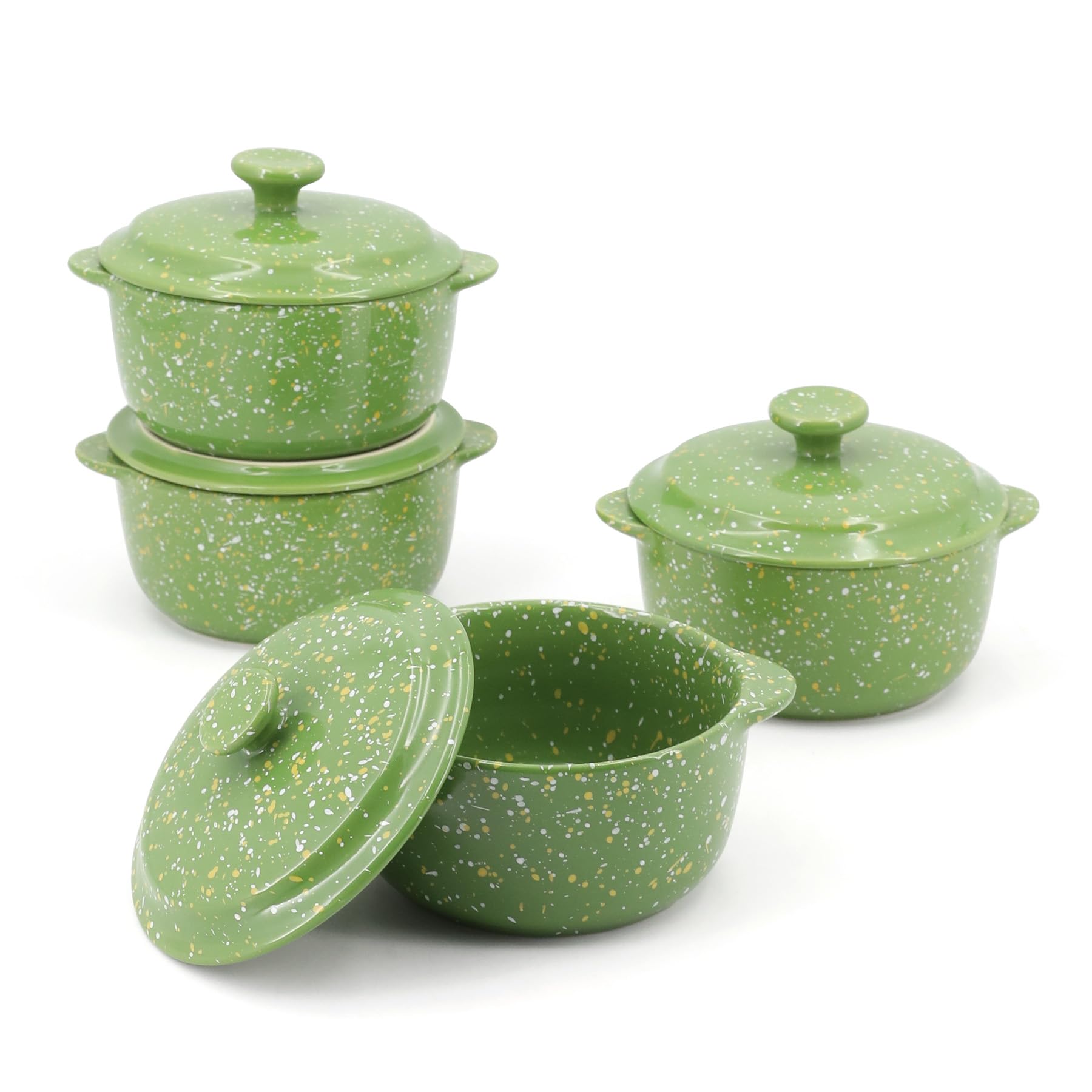 Juego de 4 mini cocotte de cerámica para horno, cacerola pequeña de 9 onzas con asas y tapa, olla individual para servir soufflé, sopa, adoquines, moldes de gres para hornear, color verde