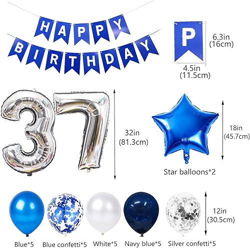 Miniatura 5 de Decoración de fiesta de cumpleaños de 37 años, color azul y plateado para hombres, pancarta de feliz cumpleaños número 37, globos de papel de