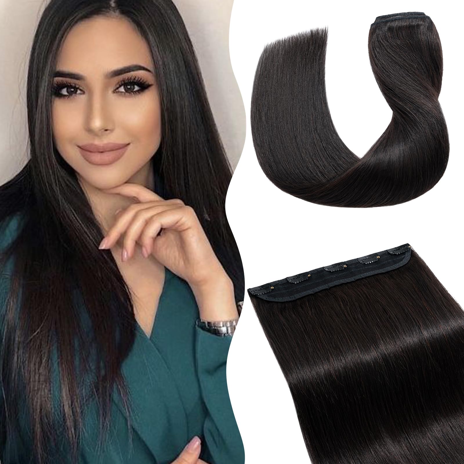 TESS Clip In Hair Extension,Hair Extensions Real Human Hair One Peice 5 Clips Straight Natural Hairpieces for Womens/Girls(#1B Natural Black,24Inch)