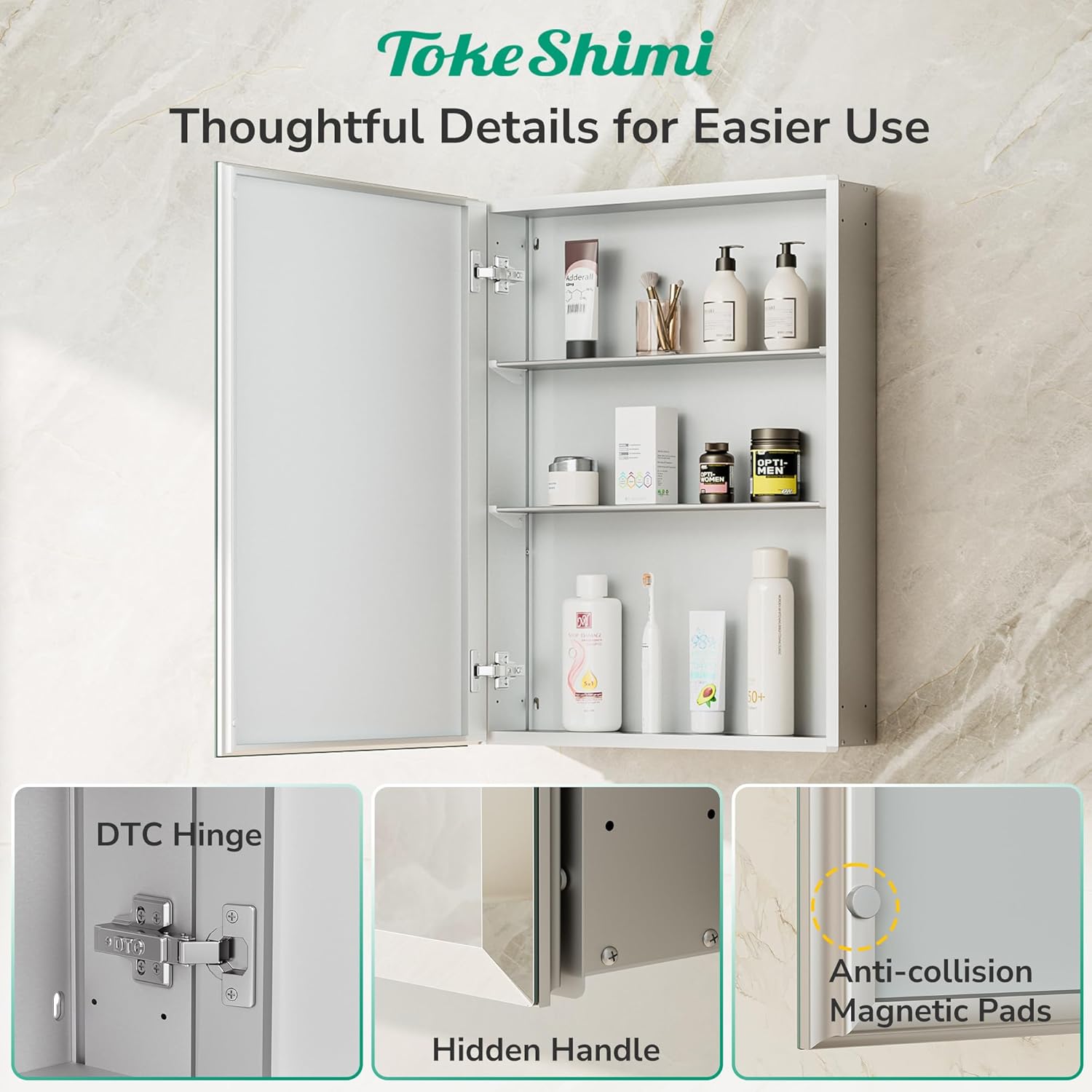 TokeShimi 15 x 26 Recessed Medicine Cabinet with Tempered Beveled Mirror, Assembly Required, Silver Medicine Cabinet for Bathroom, Stepless Adjustable Shelves, DTC Hinge