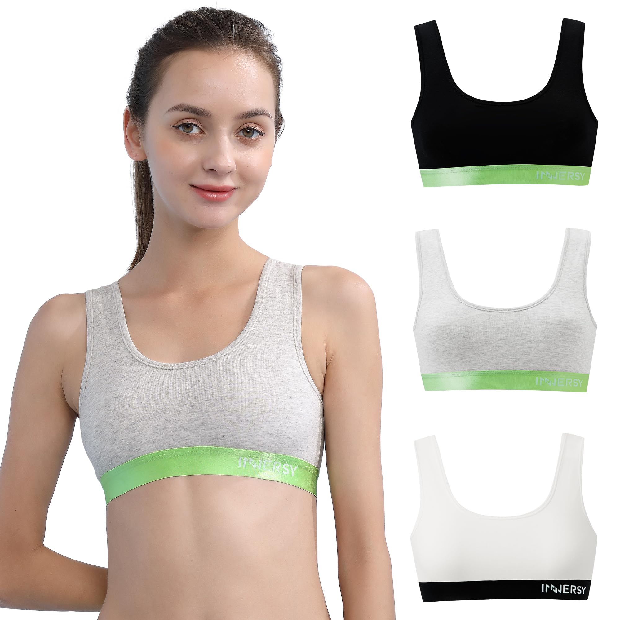 INNERSY Mädchen BH Baumwolle Bustier Breiten Träger Sport BHS Teenager Unterwäsche Kinder 3 Pack (XL, Weiß/Schwarz/Grau)