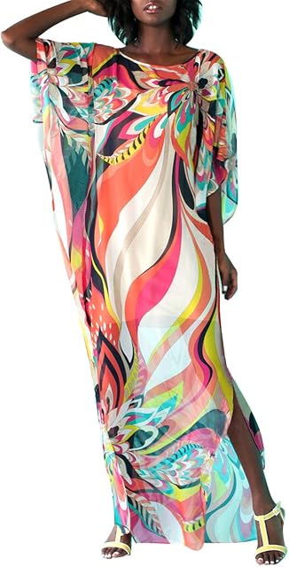Bsubseach Women Plaid Short Sleeve Swimsuit Cover Up Sexy Deep V Neck Side Slit Beach Long Dress