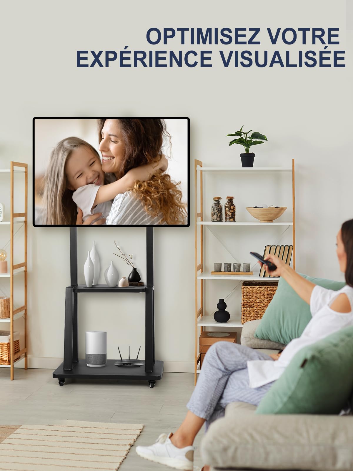 Support TV sur Pied Meuble TV Roulant pour 32-75 Pouces Plat/incurvé LED/LCD/OLED Hauteur réglable Support TV roulettes Jusqu’à 45kg Meuble TV au Sol avec étagère DVD Blanc