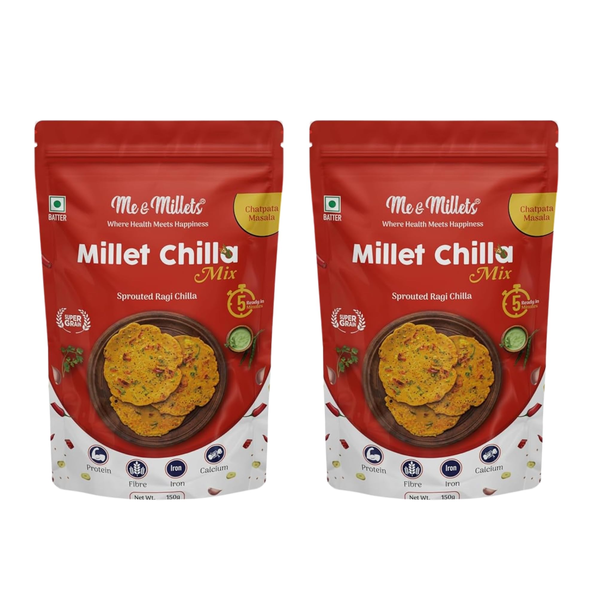Me & Millets Sprouted Millet Ragi Chilla Mix Combo (150g X 2) - Chatpata Masala, No Preservatives, No Palm Oil, Natural Healthy Protein & Fiber-Rich Breakfast For Kids & Family (Jain Friendly)