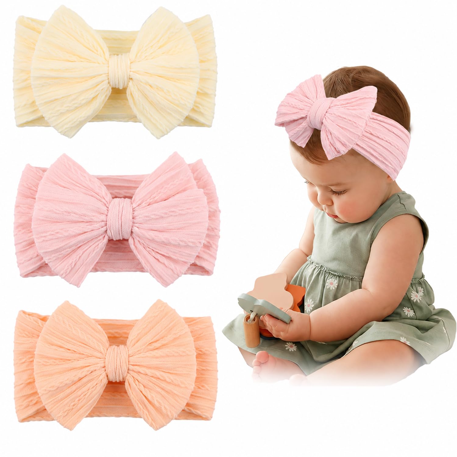 3 Pcs Baby Hairband, Headbands for Baby Girl Hair Bands 0-24 Months, Soft Polyester Stretch Bow Hairband for New Born Baby Girls, Cute Head Band for Baby Girl Gift-image-20