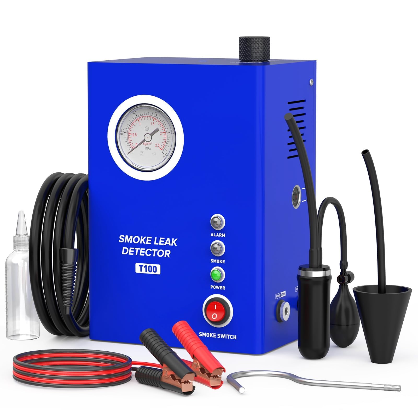 T100 KFZ Nebelmaschine Lecksuchgerät EVAP-Prüfung mit Manometer | Eingebaute Luftpumpe, dichter Rauch nach 10 Sekunden, -20℃ bis 75℃ Schutz für 12V Fahrzeugdiagnose Ansaug- und Auspuffsysteme