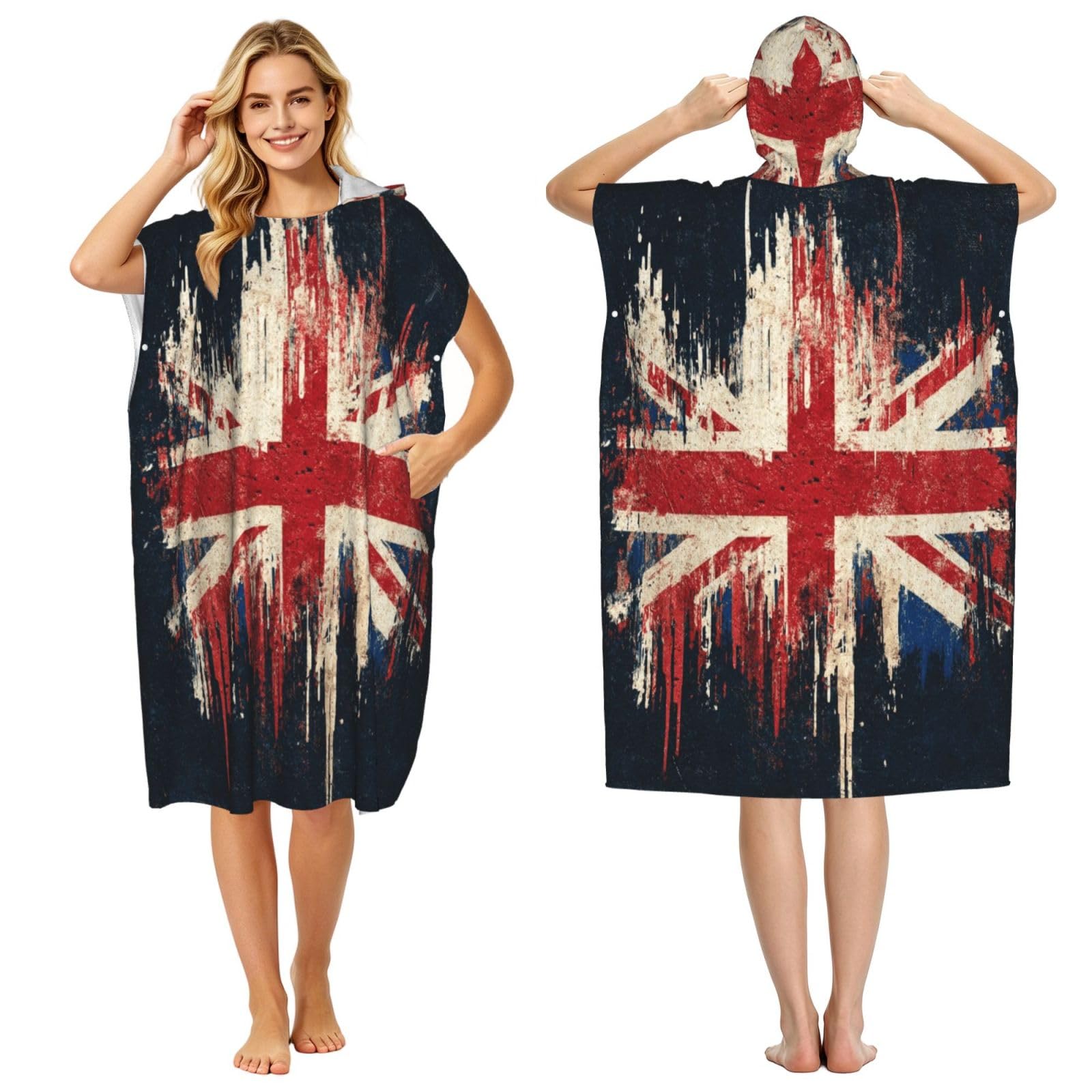 KLGRTJHK British Flag Mural Adult Hooded Beach Poncho Towel 43"X35"