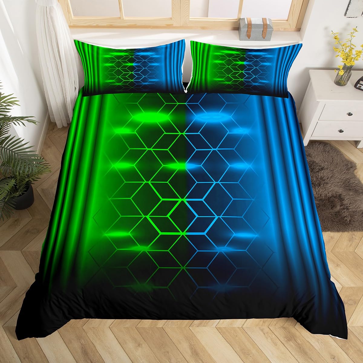 Housse de couette hexagonale bleue et verte pour chambre de garçon