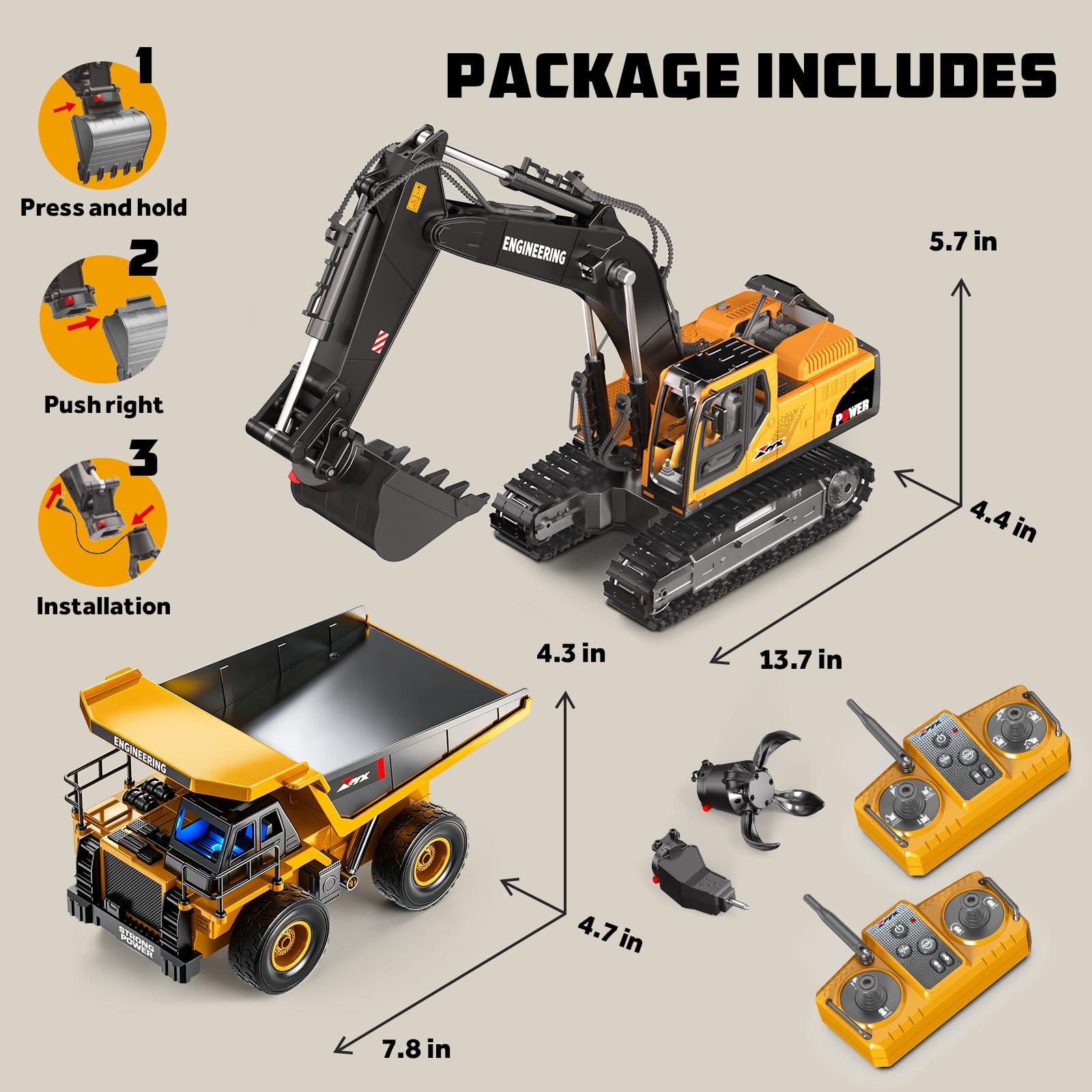 GraceDuck Excavadora Teledirigido y Camiones de Juguete para Niños – Kit 3 en 1 de Construcción con 2 Mandos, Camion Teledirigido Accesorios de Metal Juguetes de Playa, Regalo para Niños 6-12 Años