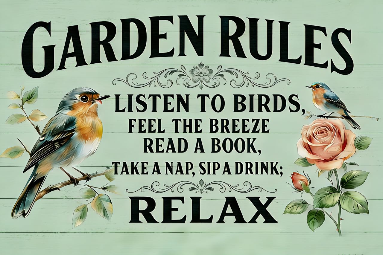 Garden Rules Sign Wood Plaque - Listen to Birds Relax Wooden Wall Decor for Patio Yard & Porch