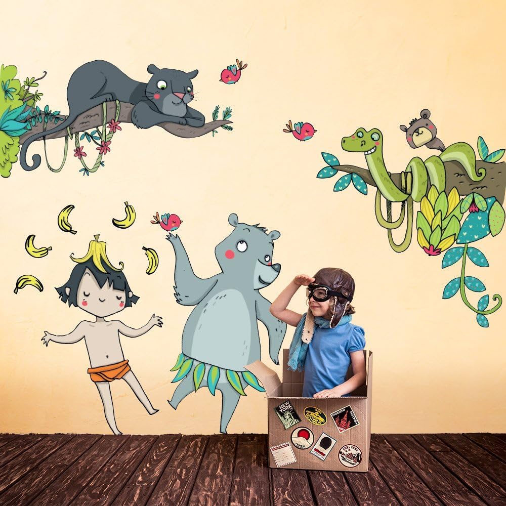 kina - Pegatina Pared Decoración Habitación Niños R00411 - Tela Ecológica, Hipoalergénico, Reposicionable, Efecto caricia, Escuela infantil - Gráficos Selva 120x40 cm