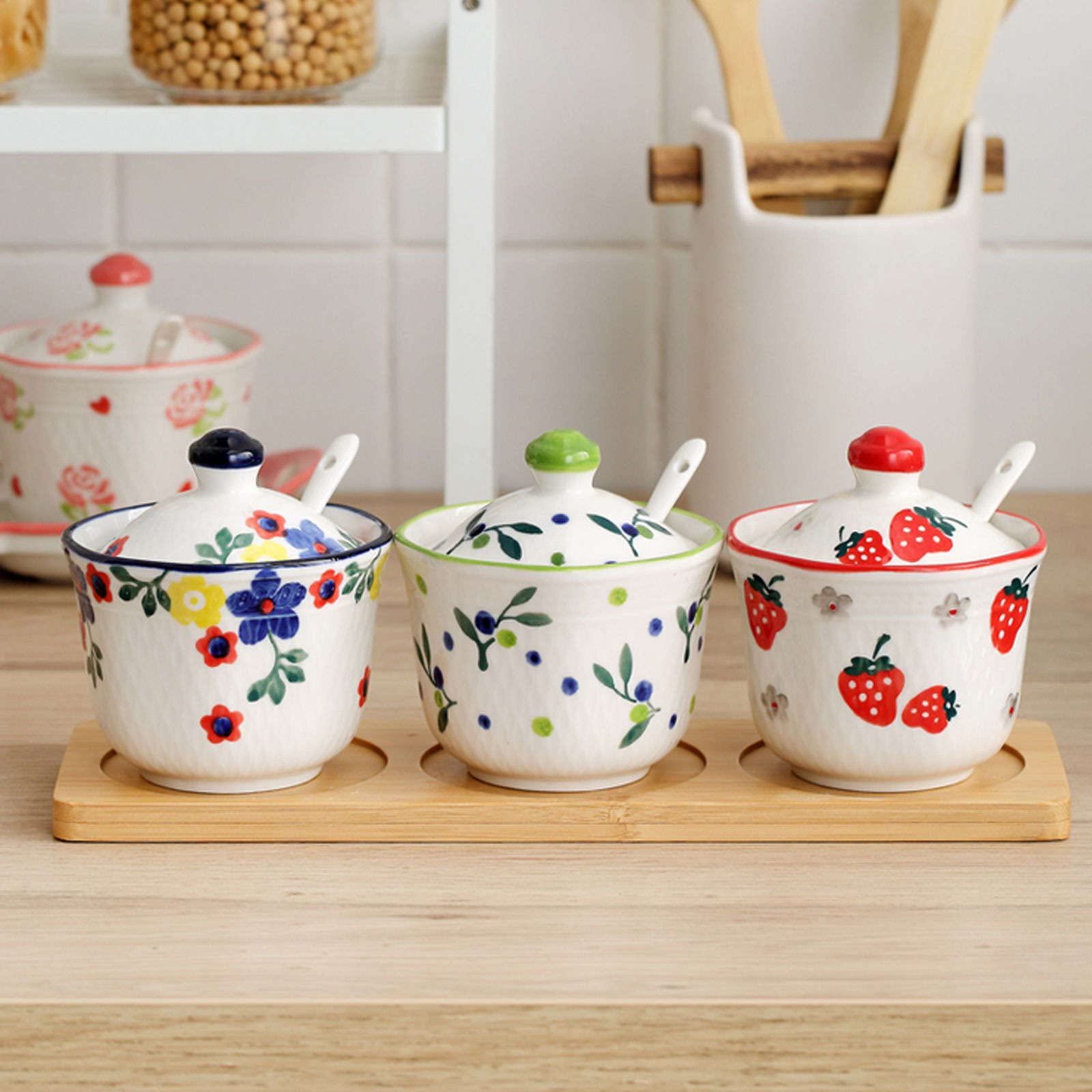 XYNSNDB Zuckerdose, Gewürzbehälter, handgezeichnete Muster-Zuckerdose mit Deckel, Keramik-Teetasse-Form, Zuckerdose, Kaffeezubehör, Zuckerausgießer, Küchenaufbewahrung, Bauhinia, 3er-Set, rote STR