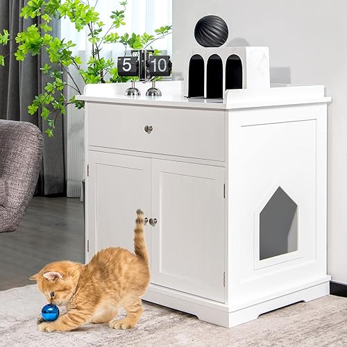 Miniatura 3 de Tangkula Caja de arena para gatos, muebles ocultos con cajón grande, 2 puertas, banco de almacenamiento para baño de gatos, mesa auxiliar para