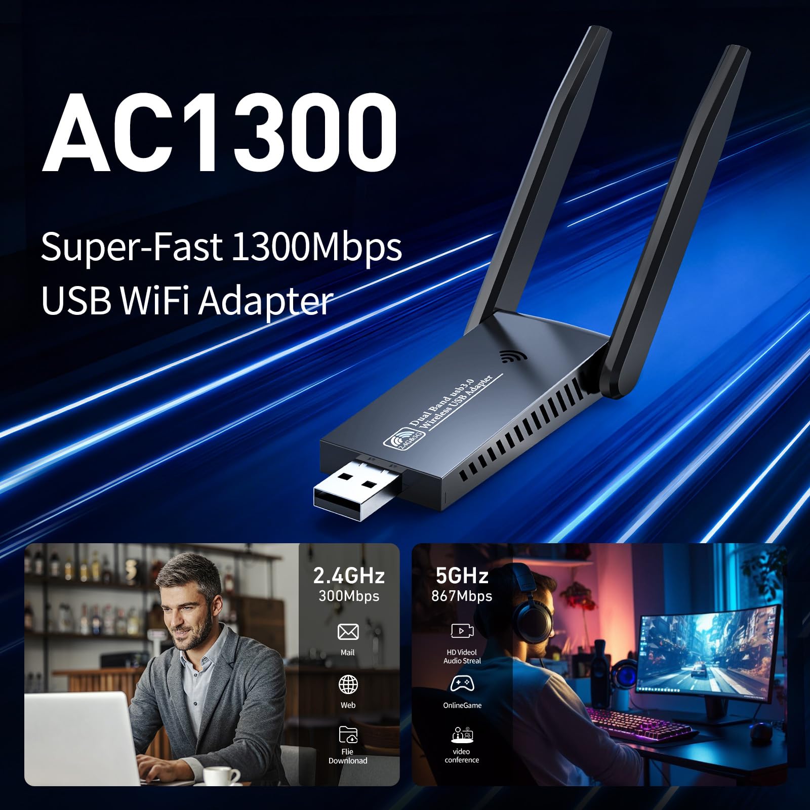 Adaptador WiFi USB 3.0 de doble banda de 1300 Mbps para PC - Tarjeta de red inalámbrica AC1300 con bandas 5G y 2.4G, no necesita controlador para Win10/11, compatible con escritorio, laptop, Windows