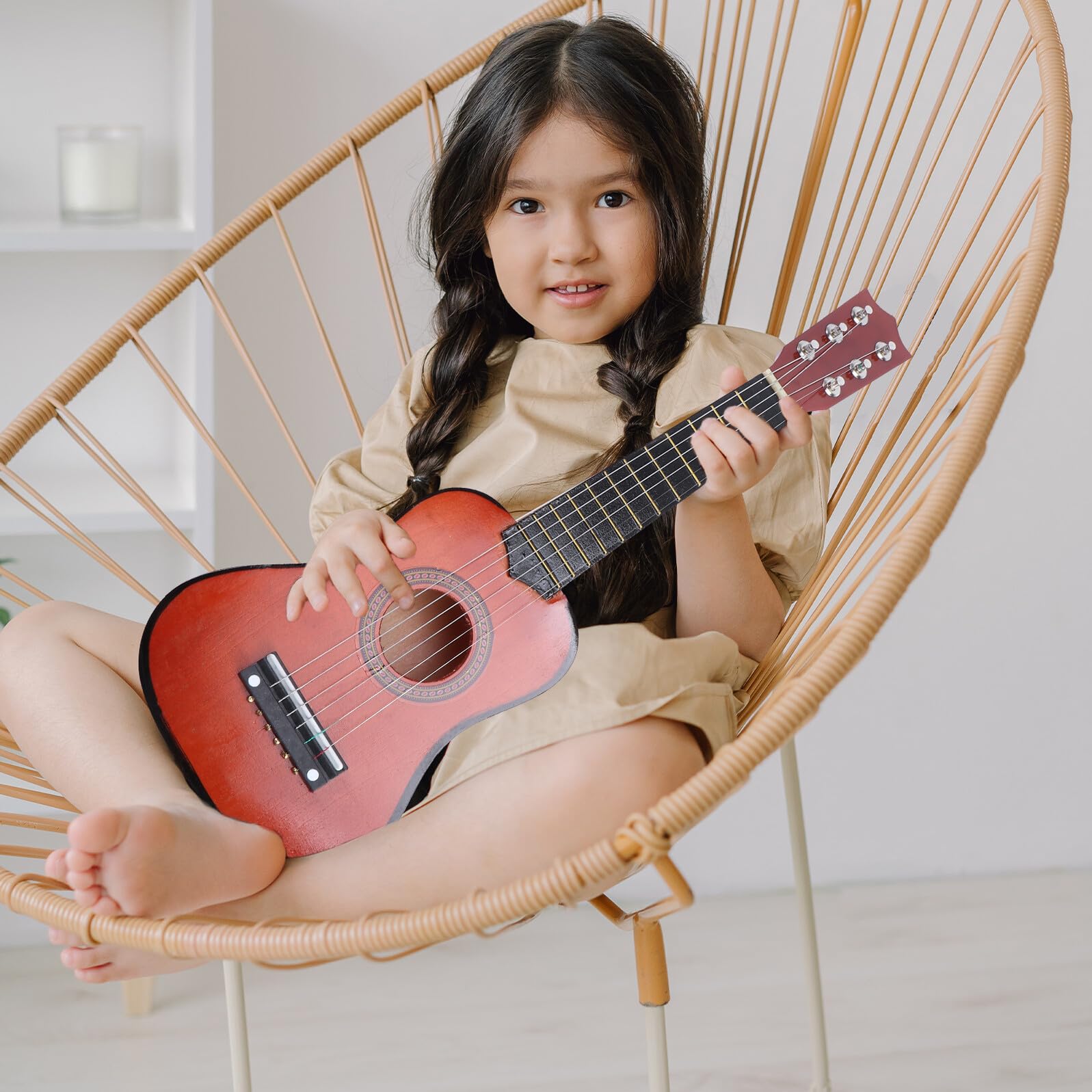 Calowa Akustyczna Gitara dla Początkujących Chłopiec Dziewczynka Drewniany Instrument Muzyczny Mini Gitara o Wygodnym Uchwycie Naturalne Brzmienie Bezpieczne Ekologiczne