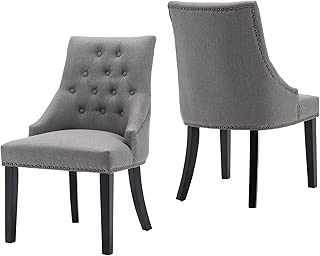 LSSBOUGHT Set of 2 Fabric Dining Chairs Leisure Padded Chairs with Black Solid Wooden Legs,Nailed Trim,Gray - coolthings.us