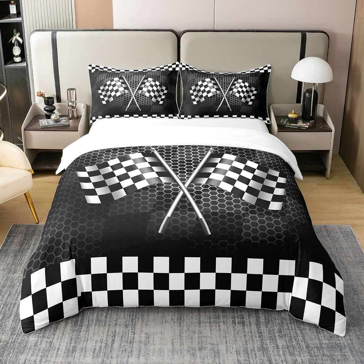 Black White Checkered Flag 100% Cotton Bedding Set Racing Car Extreme Sports Comforter Cover Set for Kids Teens Bedroom Decor Square Honeycomb Duvet Cover Breathable Full Size 3 PCS