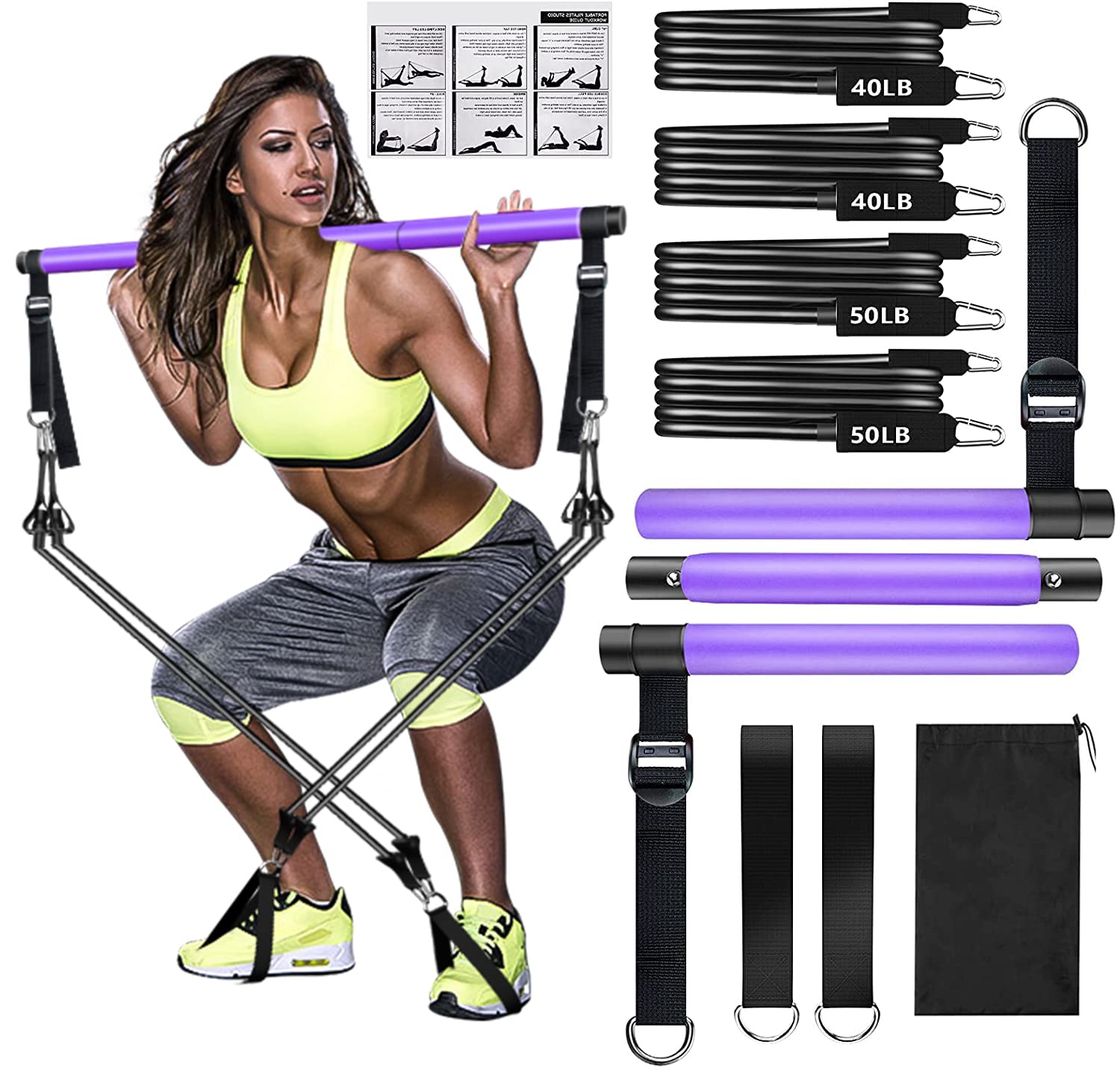 Pilates bar Set, Einstellbarer Pilates Bar mit 4 Resistances Bands（40 LBSx2、50LBSx2） Schaumstoffgriff und Türanker. tragbare fitnessgeräte für zuhause, für Yoga, Stretch, Formen. (violett)