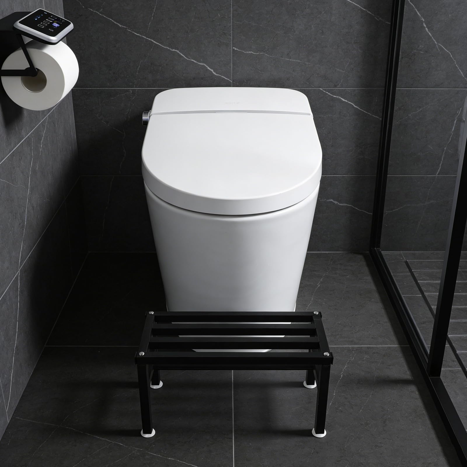 Healvian Sgabello Bagno Nero in Ferro Compatto e Resistente alle Macchie per Anziani, Sedile Antiscivolo per Doccia e Wc per Casa e Viaggi