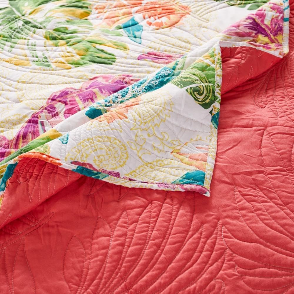Greenland Home Tropics Palm Leaves Quilted Coastal Throw Blanket, 50x60-inch, Coral