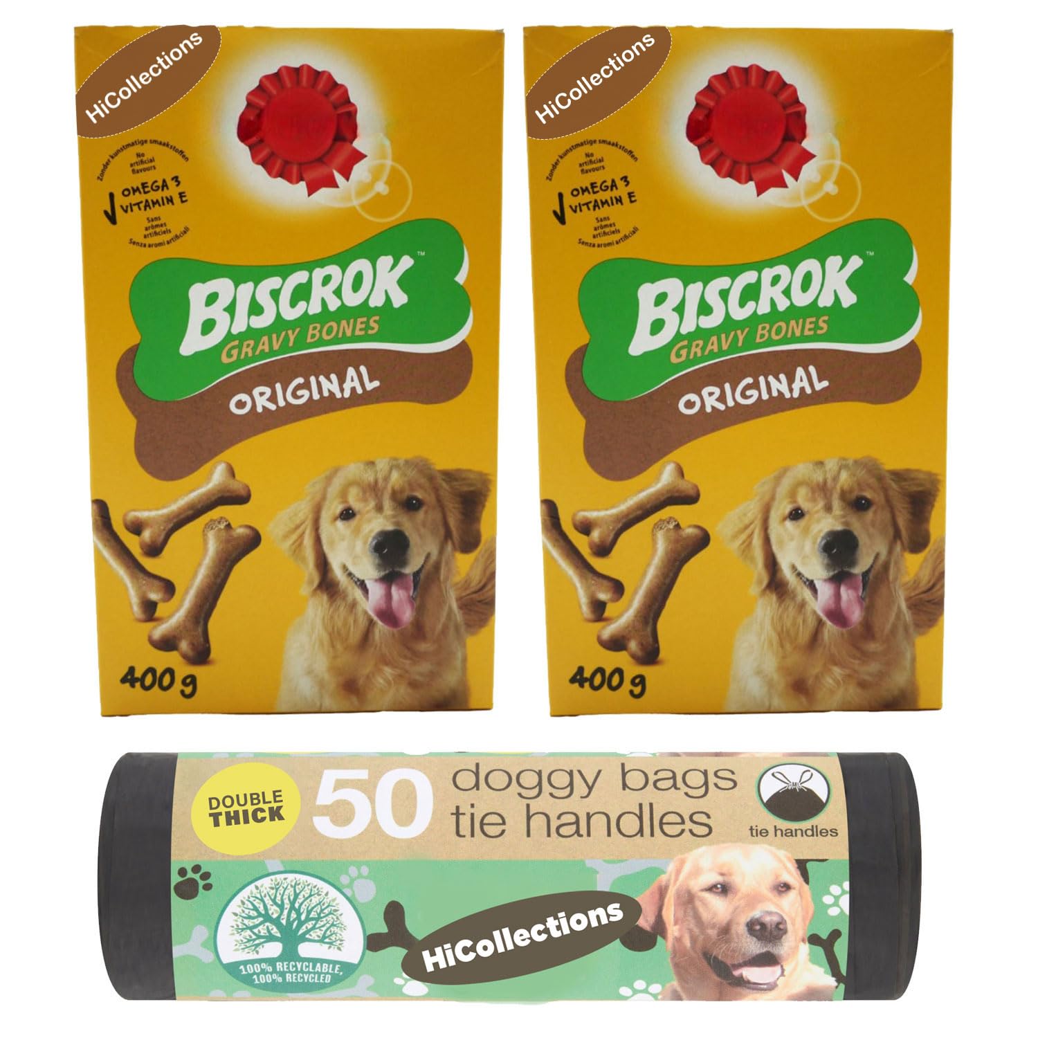 Biscrock Gravy Bones Dog Biscuits Low Fat Tasty Dog Treat 400g (Pack of 2) with 50 Hicollection poo bags