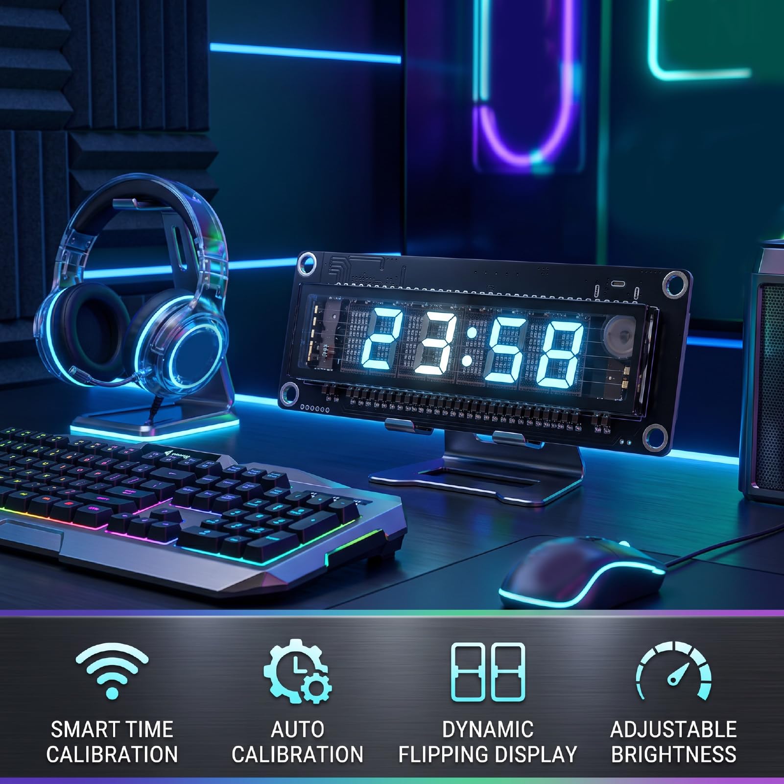 Naroote Despertador con Pantalla, Pequeño Reloj de Sobremesa con Pantalla Fluorescente, Calibración Inteligente de la Hora, Brillo Ajustable, para el Dormitorio, la Oficina