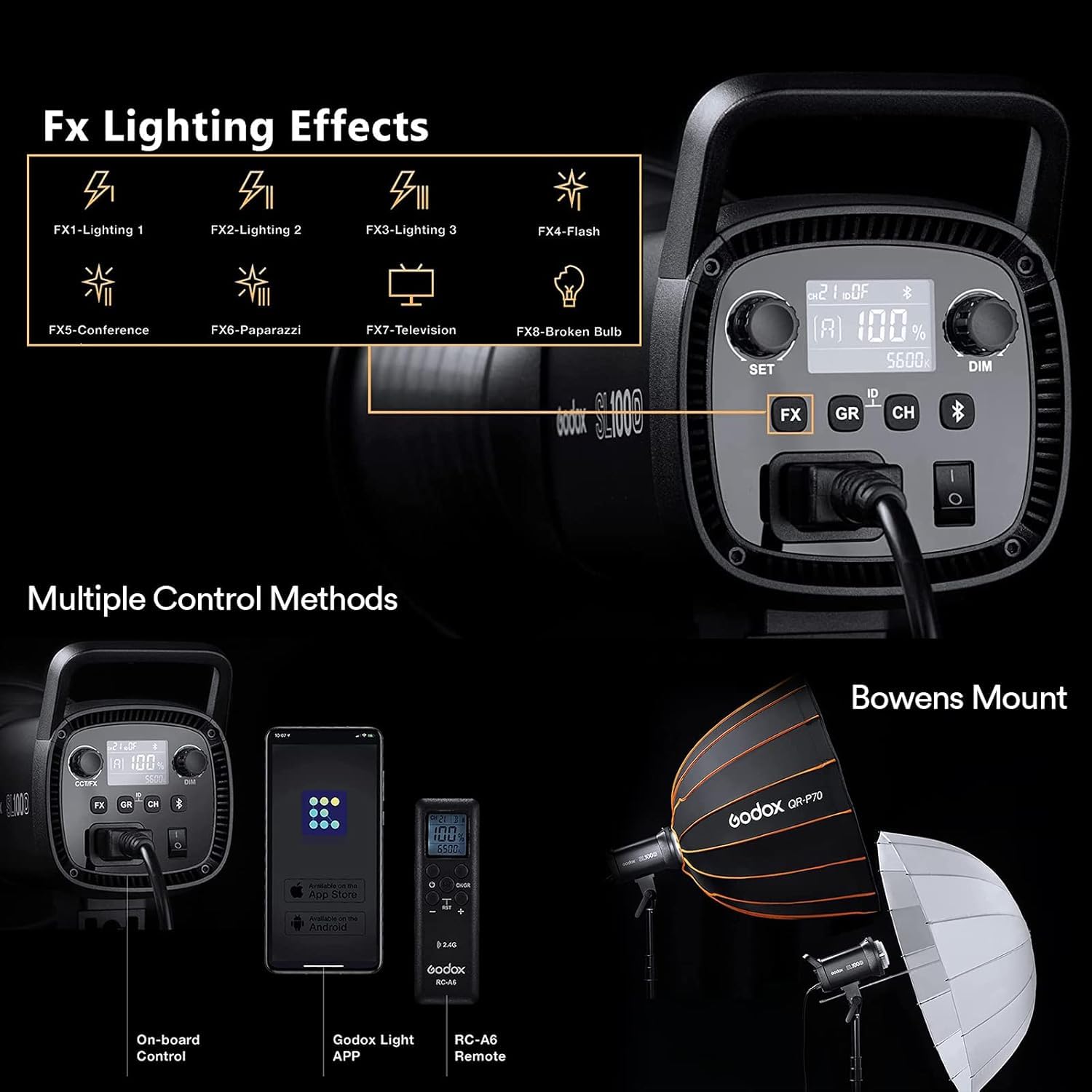 Godox SL100D Daylight LED Vidéo Lampe de Studio, 100W 5600K 32100 Lumens LED Projecteur Lumière Puissant, Bluetooth APP Contrôle et 8 FX Effects Photo Lampe avec Bowens Mount