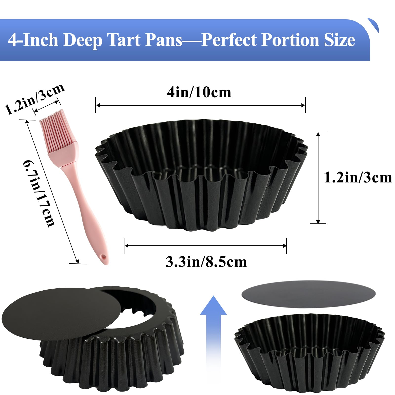 Urxirha 4 Pack Deep Tart Pans with Removable Bottom, 4-Inch Nonstick Quiche Pan with Silicone Basting Pastry Brush for Baking Treats, Pie, Quiches, Tartlets