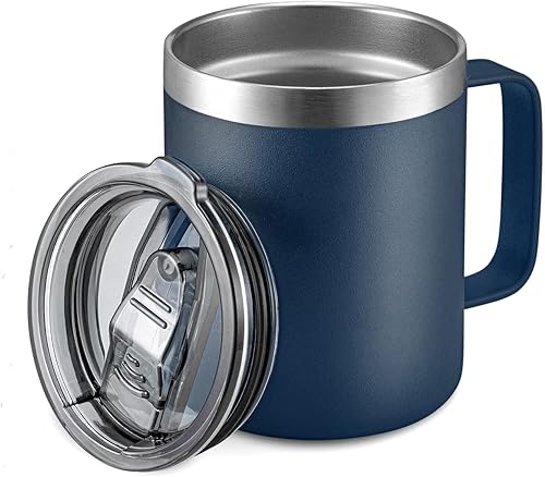Miniatura 3 de ALOUFEA Taza de café aislada de acero inoxidable de 12 onzas con asa, taza de viaje al vacío de doble pared, vaso con tapa abatible, azul marino y