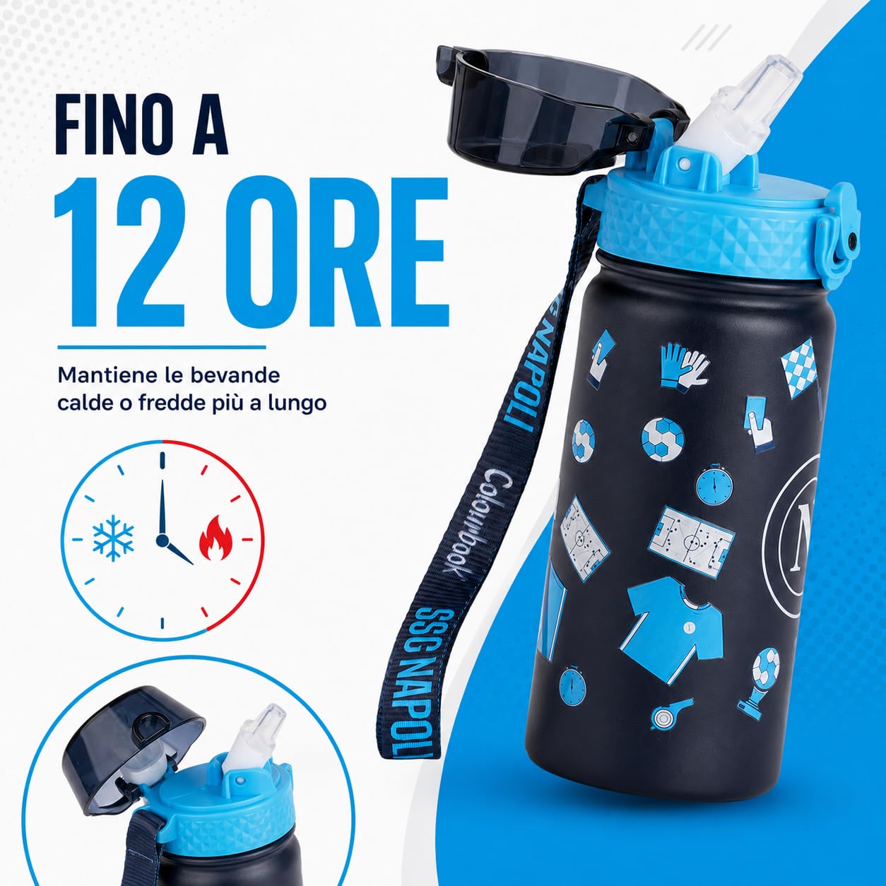 Colourbook Borraccia Termica Bambini 400 Ml Napoli Ufficiale, Acciaio Inox, 12 Ore Caldo Freddo, Beccuccio Silicone, Per Scuola Asilo Sport Piccoli Tifosi (Blu)