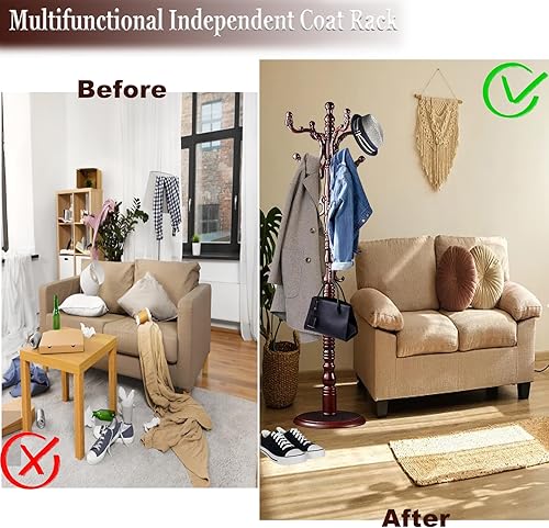 Miniatura 4 de Percheros de pie independientes, perchero de madera natural con 14 ganchos, percheros resistentes de altura ajustable para entrada, pasillo,