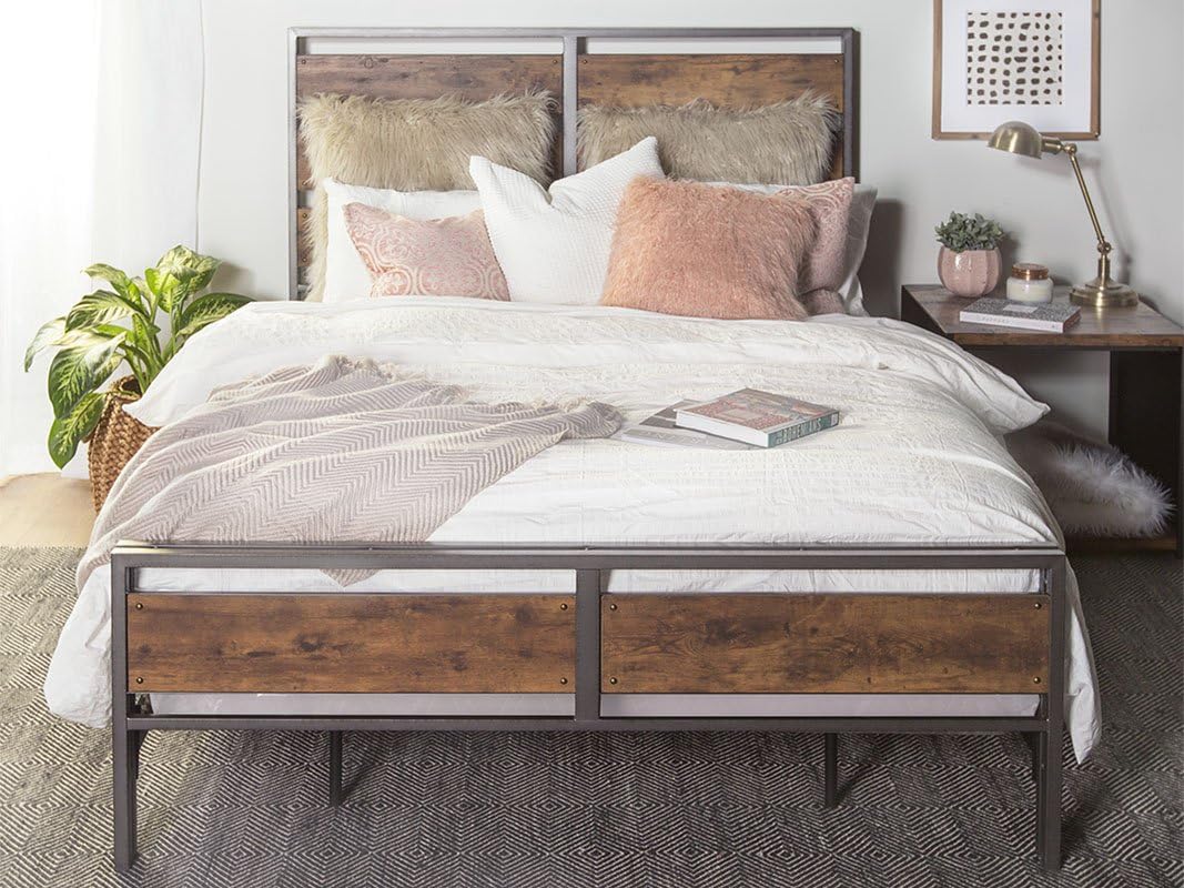 Home Accent FurnishingsRustic Queen Size Metal and Wood Plank Bed-Includes Head and Footboard