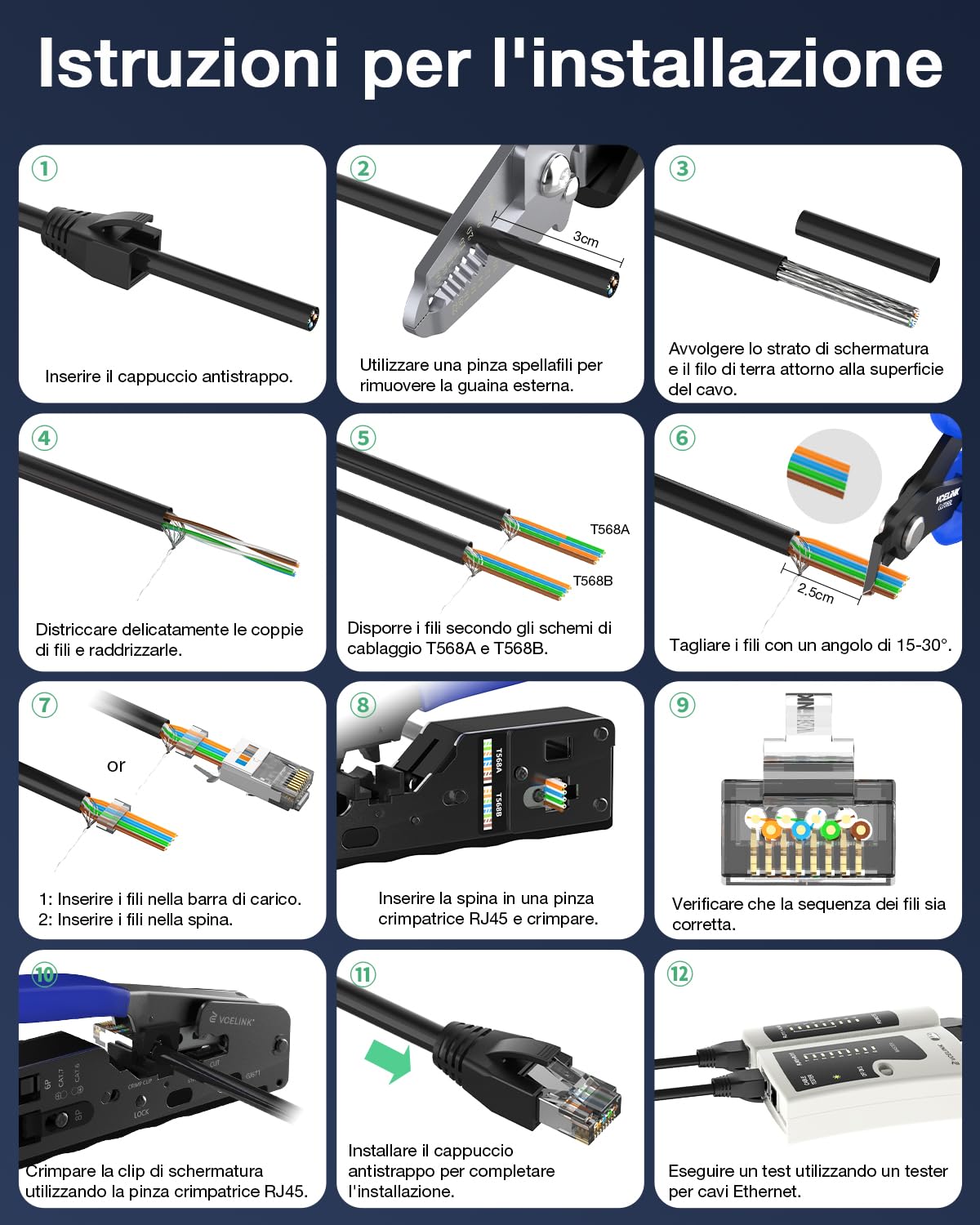 VCELINK Connettori RJ45 CAT7/CAT6A Passanti, 10 Pezzi, Plug Schermati 8P8C, POE Compatibili, con Barra di Carico e Stivali Antistrappo