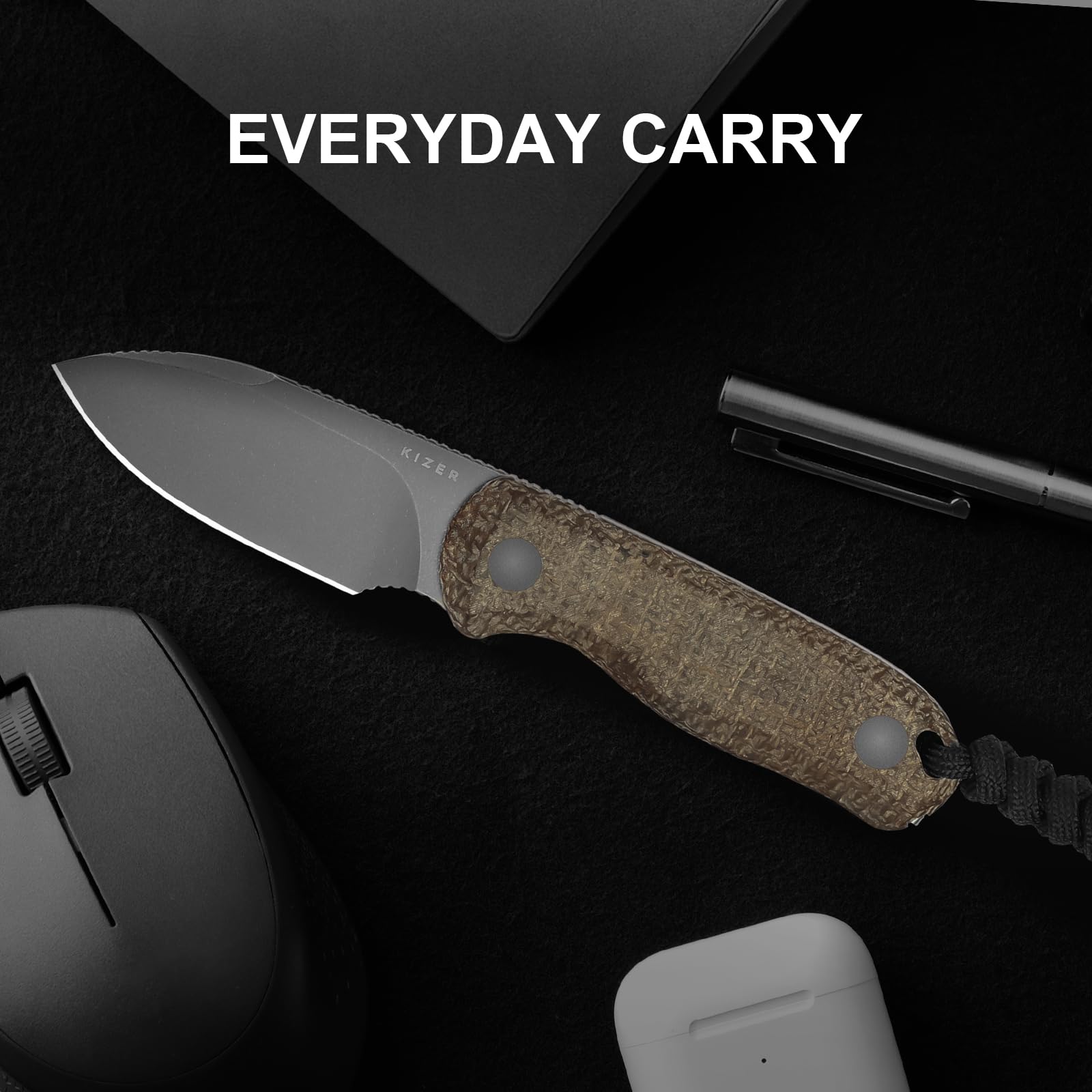 Kizer Drop Bear Fix Couteau de Camping, Lame Fixe EDC 2,57" en 14C28N avec Manche en Micarta Jute, Couteaux de Randonnée à Soie Pleine avec Étui Kydex Réglable, 1094A1
