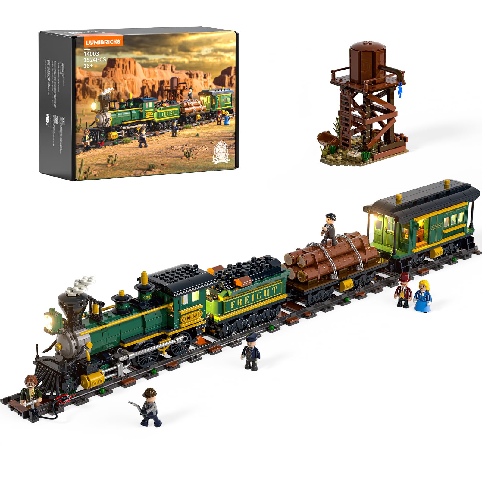 Lumibricks Western Freight Train Building Set for Adults, Light-Up 4-4-0 Steam Train with Tracks, Water Tower & 6 Minifigures, Western Railroad Scene Kit for Display, Gift & Collectible Toy
