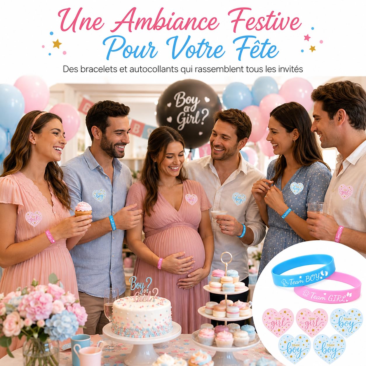 Kit de Révélation de Genre 60 Pièces avec Bracelets Silicone et Autocollants Cœur pour Annonce Grossesse