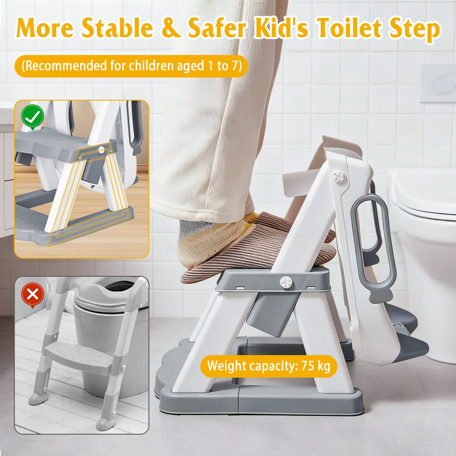 Riduttore WC Bambini con Scaletta, Stabilizzare Riduttore Water Bambini con Struttura Trapezoidale, 2 in 1 Pieghevole Adattatore WC per Bambini con PVC Morbida Seduta, Riduttore per Tazze WC a V, U, O